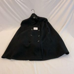 Black 100% wool cape coat, double breasted button down front.  Good Condition